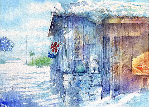 水彩画テラス】沖縄の風景「離島涼風｣竹富島/ 水彩画